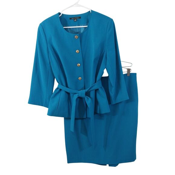 NWOT! ZAC & RACHEL! TURQUOISE BLUE BELTED WAIST 2 PC JACKET & SKIRT SUIT! SZ 14 - Picture 2 of 11
